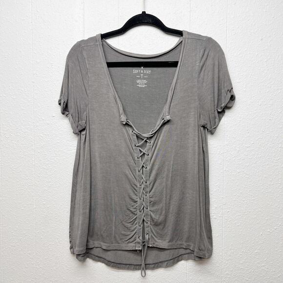 American Eagle Top Womens Medium Lace Up Stonewash Relaxed Soft Minimalist Boho - Picture 1 of 11